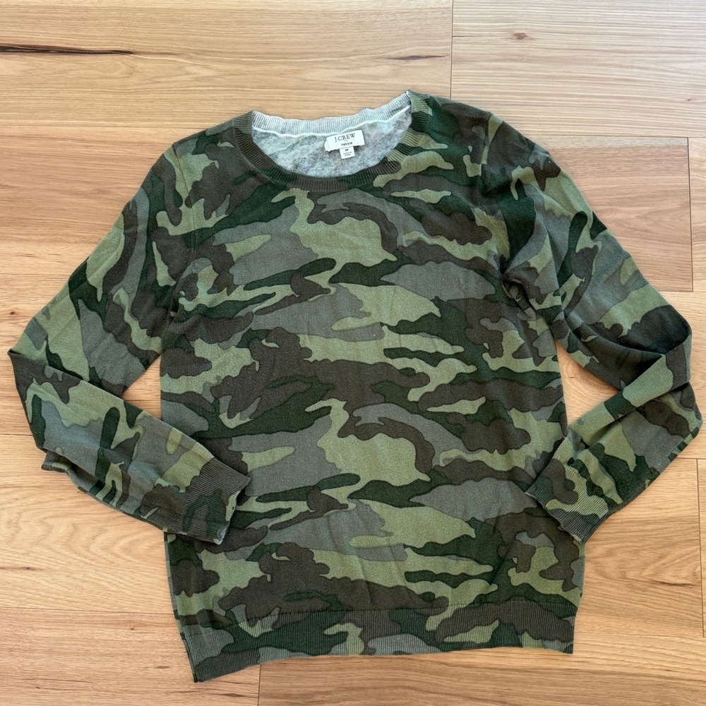 J.Crew Teddie Sweater Womens M Green Camo Cotton Crewneck Long Sleeve Camouflage